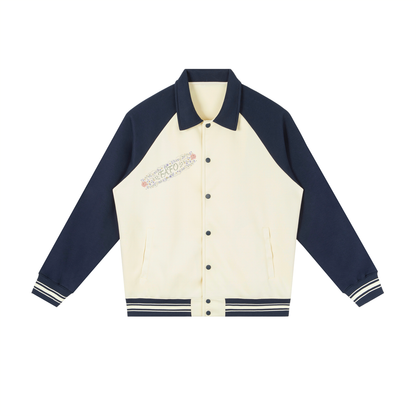 Front of cream baseball jacket with navy blue sleeves and collar and a diagonal band of flowers with FAFO lettering on the chest