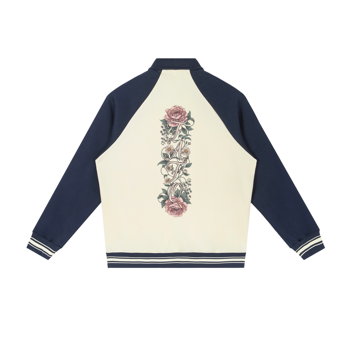 Back of cream baseball jacket with navy blue sleeves and a tall column of pink roses and leaves with FAFO letters stacked from top to bottom