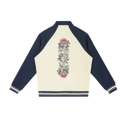 Back of cream baseball jacket with navy blue sleeves and a tall column of pink roses and leaves with FAFO letters stacked from top to bottom