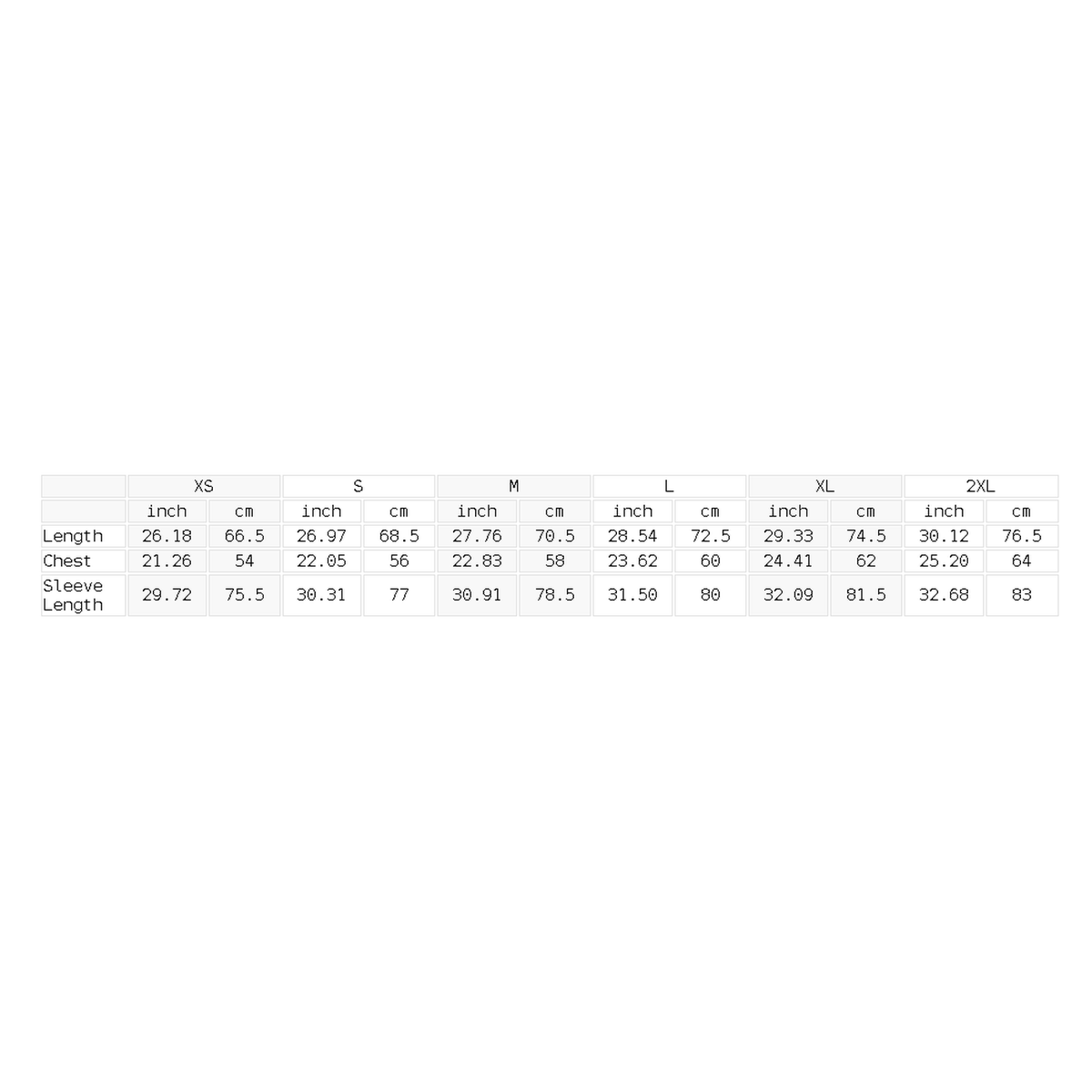 Size chart in inches and centimeters for the contrast raglan baseball jacket, showing length, chest and sleeve length