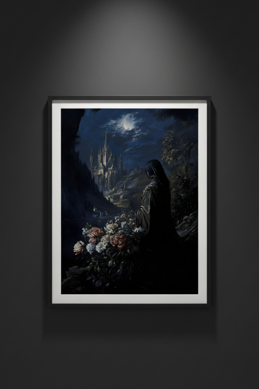 Flowers Beneath the Moonlit Spire, art print
