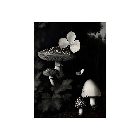 Flutter of Decay | Gothic Mushroom & Butterfly Poster fine art poster mockup displayed in an interior setting.
