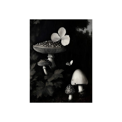 Flutter of Decay | Gothic Mushroom & Butterfly Poster fine art poster mockup displayed in an interior setting.