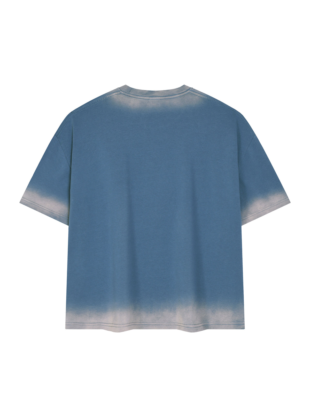 Back view of the boxy sunfade vintage wash t-shirt in jeans blue with a faded hem and sleeves