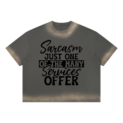 Dark Gray boxy sunfade vintage wash t-shirt with black cursive and bold capital Sarcasm just one of the many services offer lettering with a black band on the front