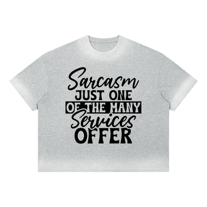 Flower Gray boxy sunfade vintage wash t-shirt with black cursive and bold capital Sarcasm just one of the many services offer lettering with a black band on the front