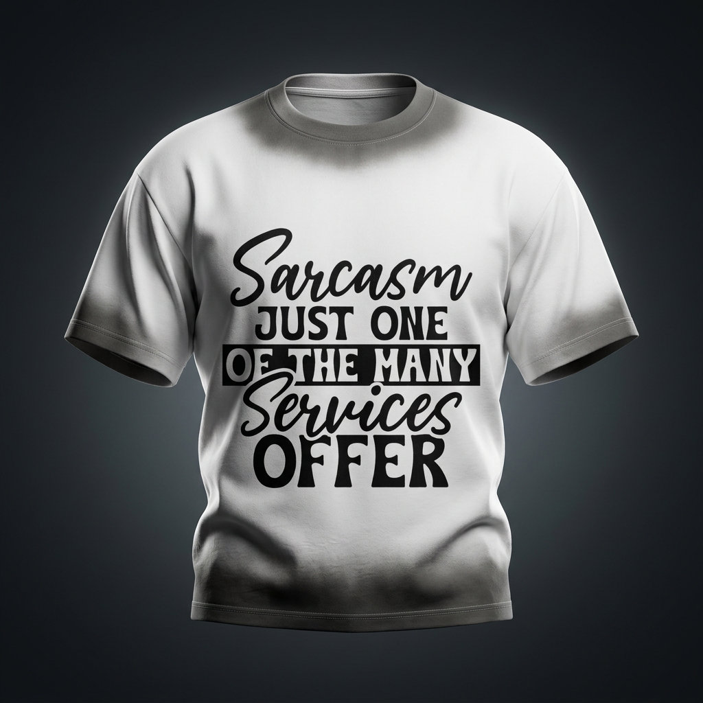White with a gray sunfade gradient boxy sunfade vintage wash t-shirt with black cursive and bold capital Sarcasm just one of the many services offer lettering with a black band on the front shown against a dark studio backdrop