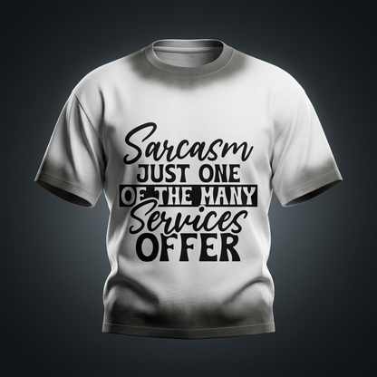 White with a gray sunfade gradient boxy sunfade vintage wash t-shirt with black cursive and bold capital Sarcasm just one of the many services offer lettering with a black band on the front shown against a dark studio backdrop
