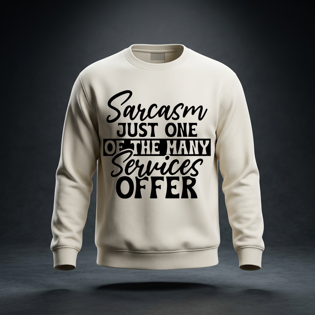 Cream heavyweight crewneck sweatshirt with black cursive and bold capital Sarcasm just one of the many services offer lettering with a black band on the front shown against a dark studio backdrop