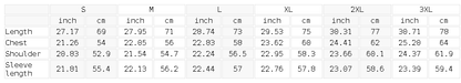 Size chart in inches and centimeters for the heavyweight crewneck sweatshirt, showing length, shoulder, chest and sleeve length