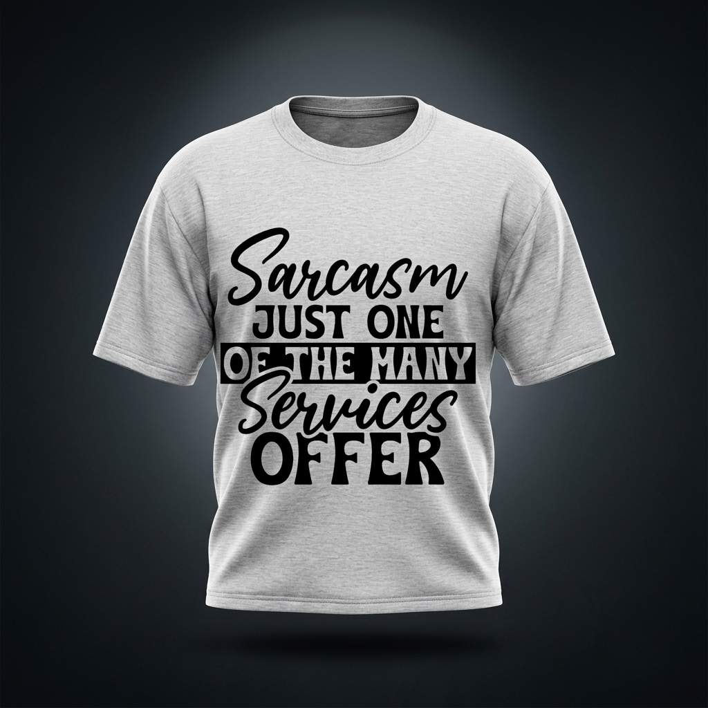 Heather gray oversized cotton t-shirt with black cursive and bold capital Sarcasm just one of the many services offer lettering with a black band on the front shown against a dark studio backdrop