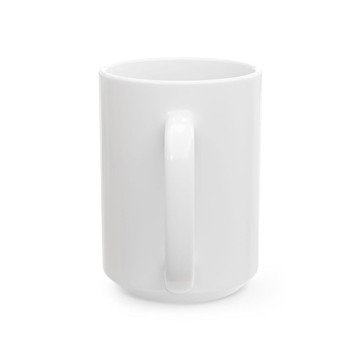 Funny coffee mug printed with "GOOD MORNING / I SEE THE ASSASSINS HAVE FAILED", 15 oz size, back view showing the handle