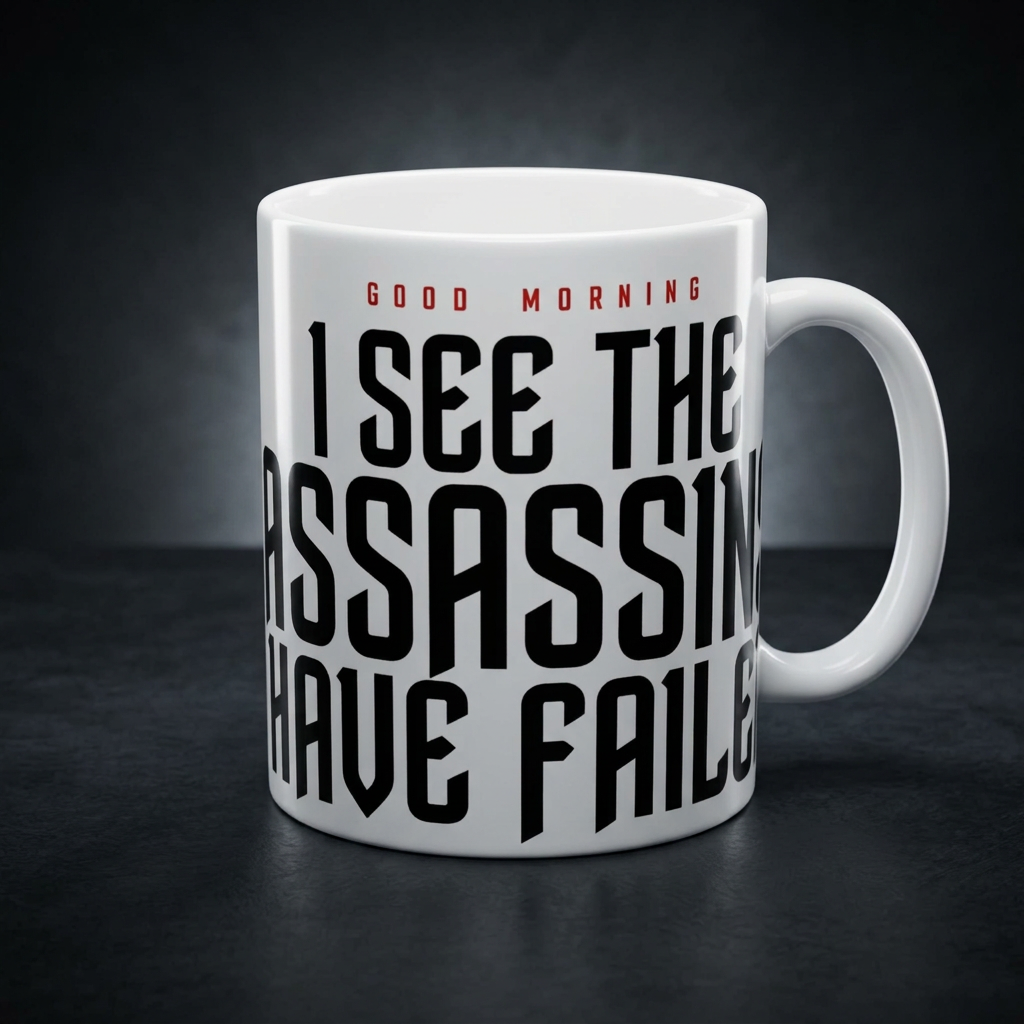Funny coffee mug printed with "GOOD MORNING / I SEE THE ASSASSINS HAVE FAILED", shown on a dark studio background