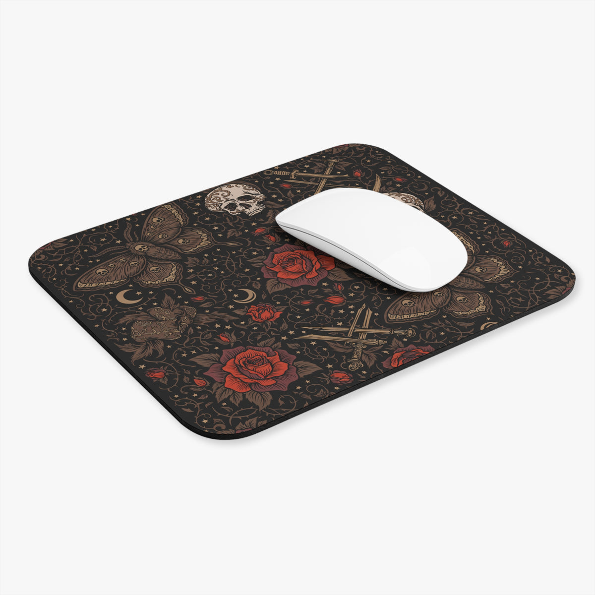 Gothic skull moth mouse pad at an angle with a white computer mouse