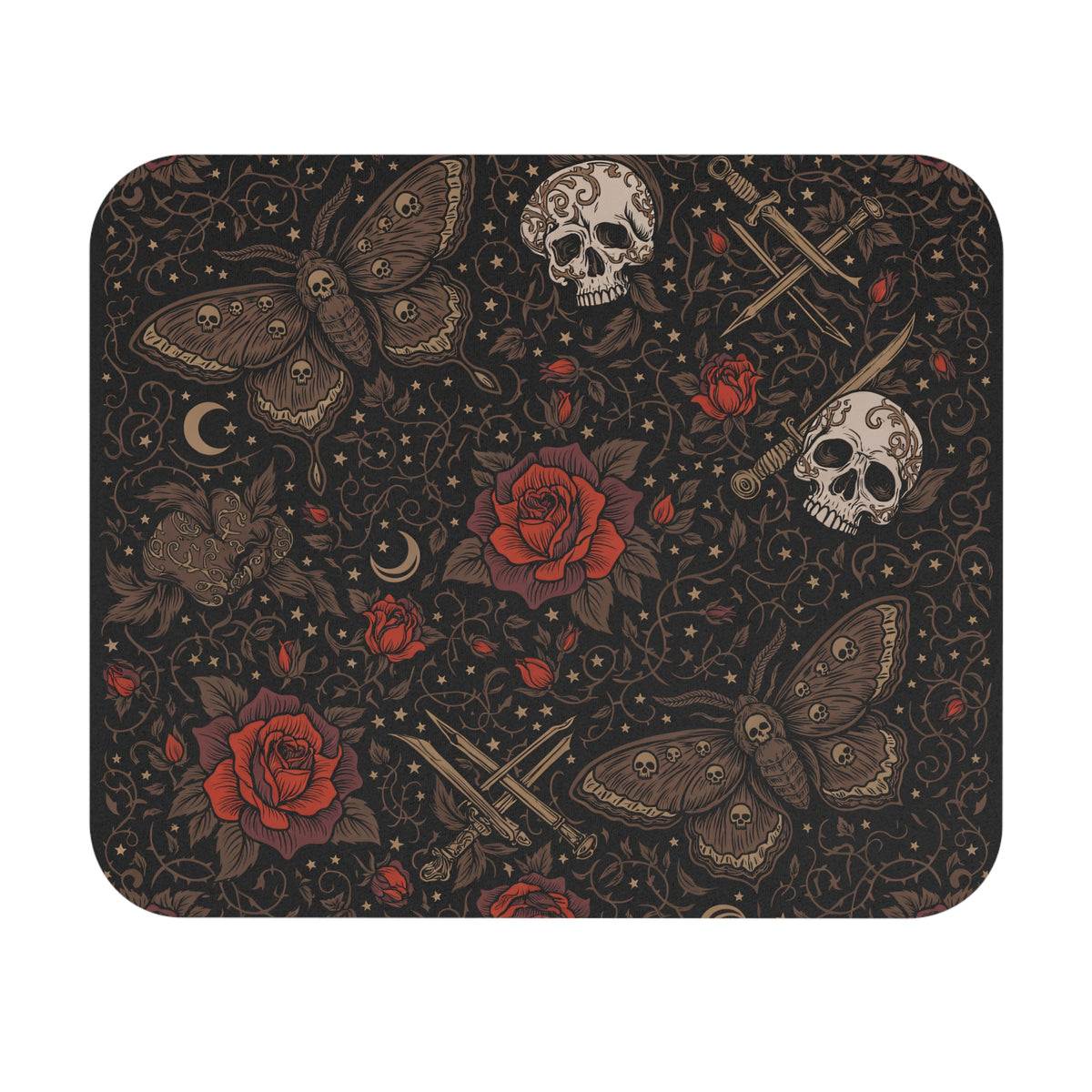 Gothic skull moth and rose mouse pad, flat front view