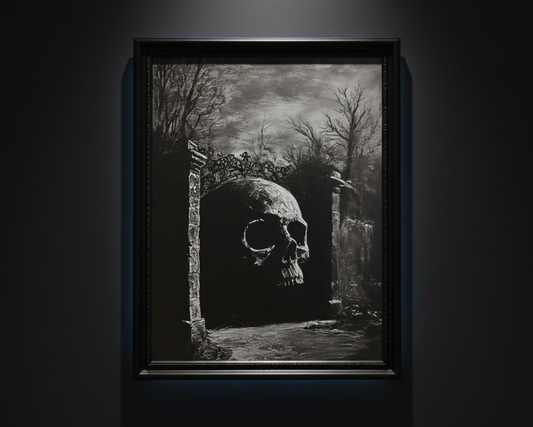 A black and white gothic art print depicting a large skull emerging from a dark, ruined stone archway under a stormy sky, surrounded by bare trees.
