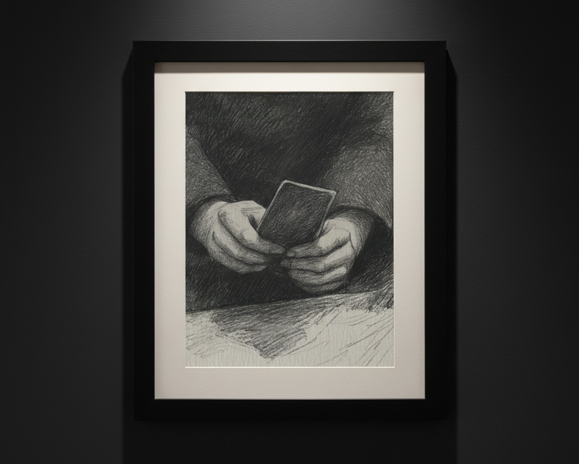 A black and white charcoal or pencil sketch of a person's hands holding a small rectangular card or book, centered on a white background.