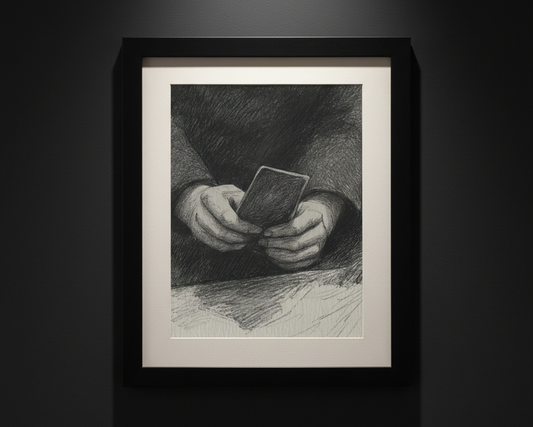 A black and white charcoal or pencil sketch of a person's hands holding a small rectangular card or book, centered on a white background.