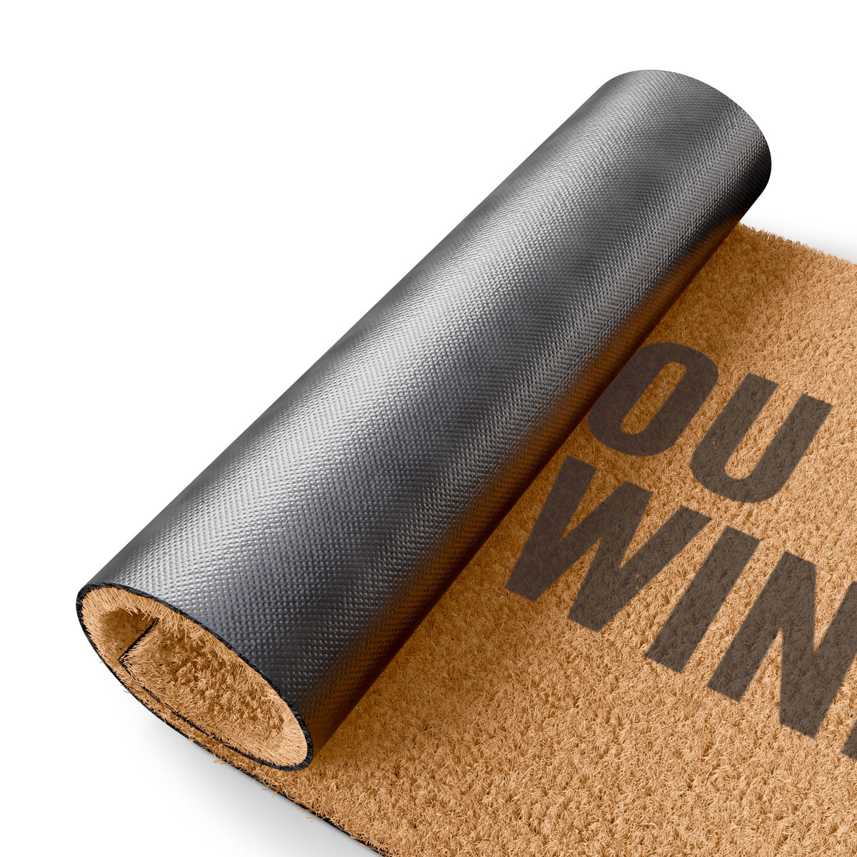 Rolled-up corner of the Hope You Brought Wine coir doormat showing the black vinyl backing