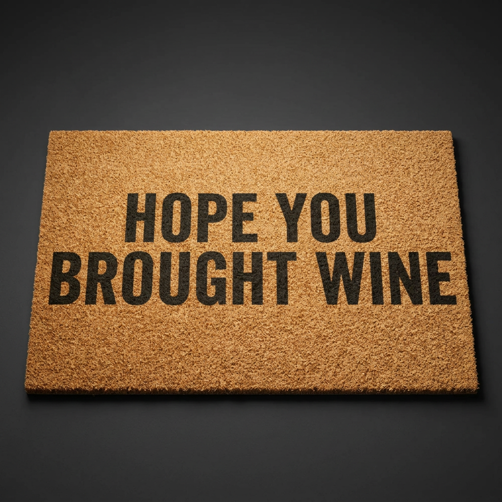 Hope You Brought Wine coir doormat with dark lettering on natural tan coir, shown at an angle on a dark studio backdrop