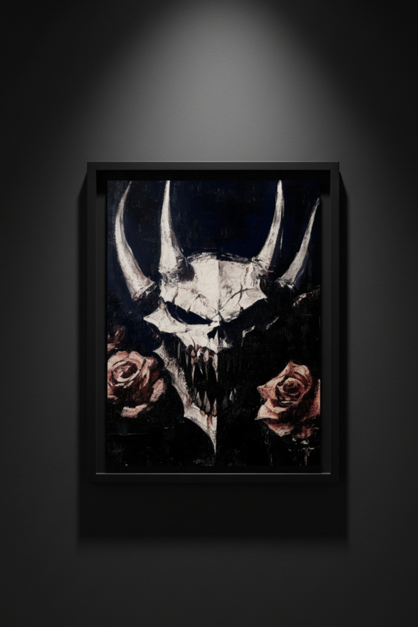 Horned Skull with Faded Roses, art print