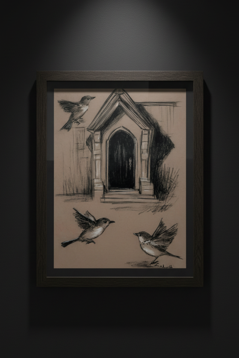 House of Small Wings birds and birdhouse sketch fine art artwork