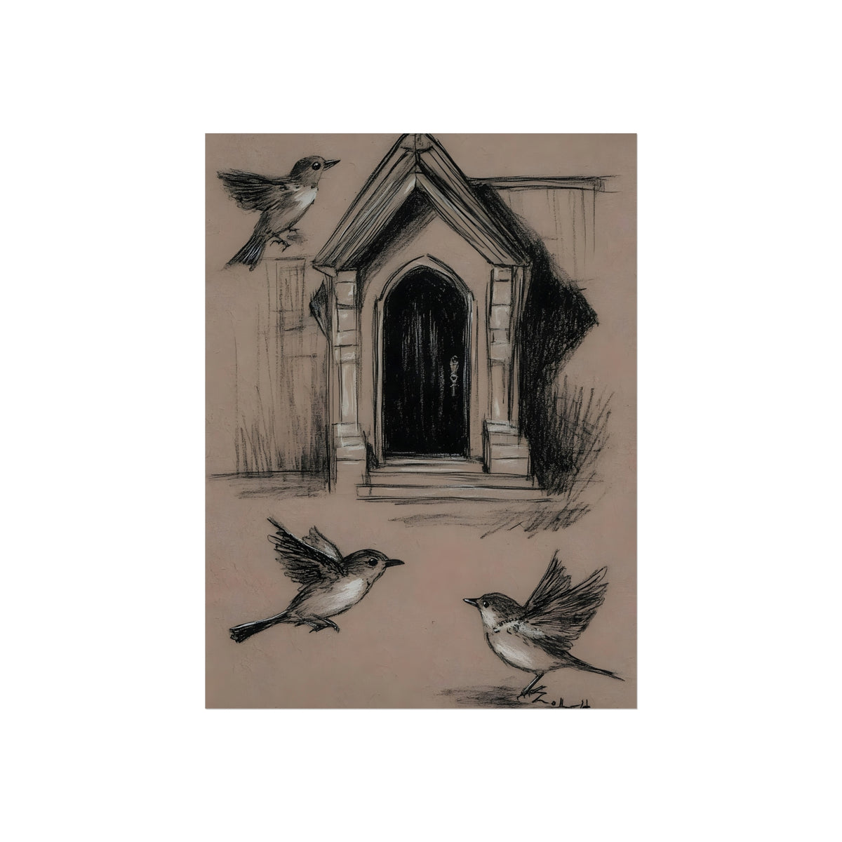 House of Small Wings birds and birdhouse sketch fine art poster