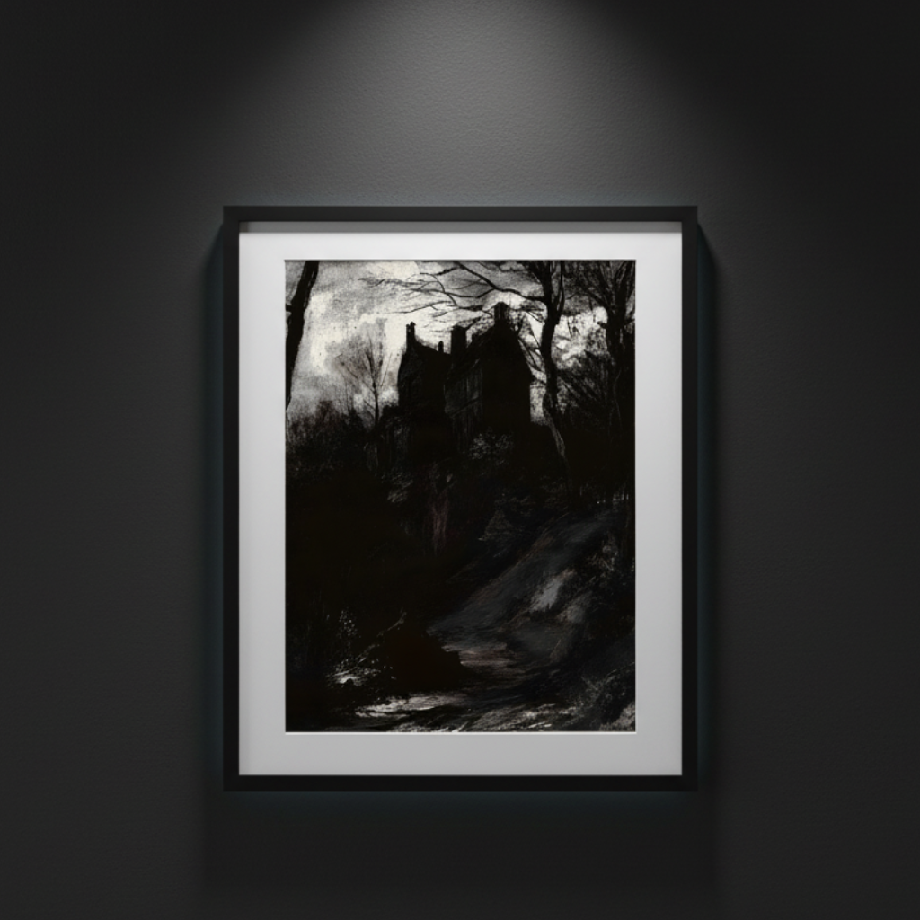 A dark, moody landscape painting featuring a shadowy old castle or mansion surrounded by bare trees on a hillside, with a dimly lit path in the foreground, shown against a white background.