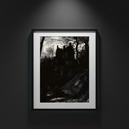 A dark, moody landscape painting featuring a shadowy old castle or mansion surrounded by bare trees on a hillside, with a dimly lit path in the foreground, shown against a white background.