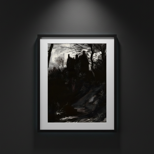 A dark, moody landscape painting featuring a shadowy old castle or mansion surrounded by bare trees on a hillside, with a dimly lit path in the foreground, shown against a white background.