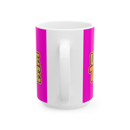 Funny coffee mug printed with "I AM FINE UNTIL SOMEONE TALKS TO ME", 15 oz size, back view showing the handle
