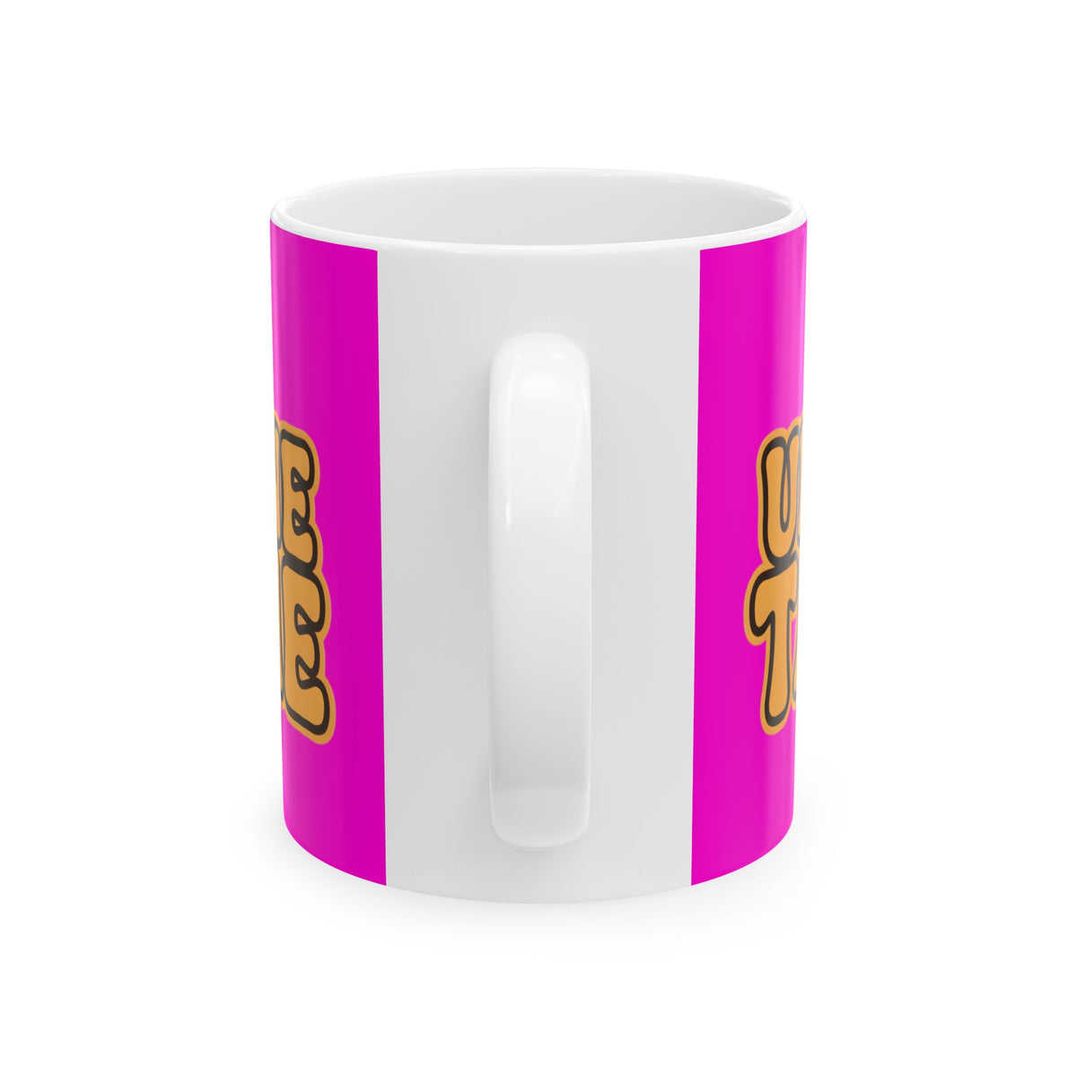 Funny coffee mug printed with "I AM FINE UNTIL SOMEONE TALKS TO ME", back view showing the handle