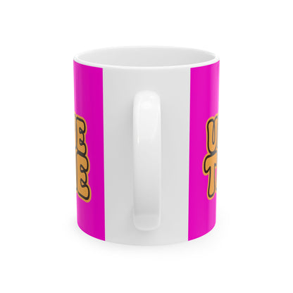 Funny coffee mug printed with "I AM FINE UNTIL SOMEONE TALKS TO ME", back view showing the handle