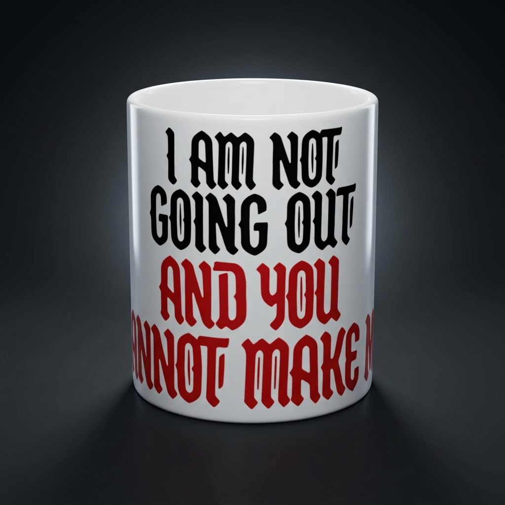 Funny coffee mug printed with "I AM NOT GOING OUT AND YOU CANNOT MAKE ME", shown on a dark studio background