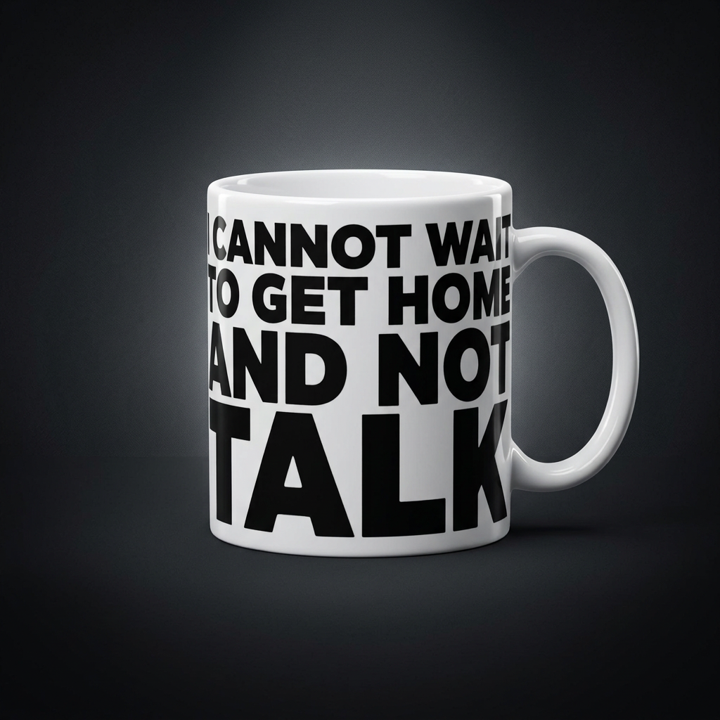 Funny coffee mug printed with "I CANNOT WAIT TO GET HOME AND NOT TALK", shown on a dark studio background