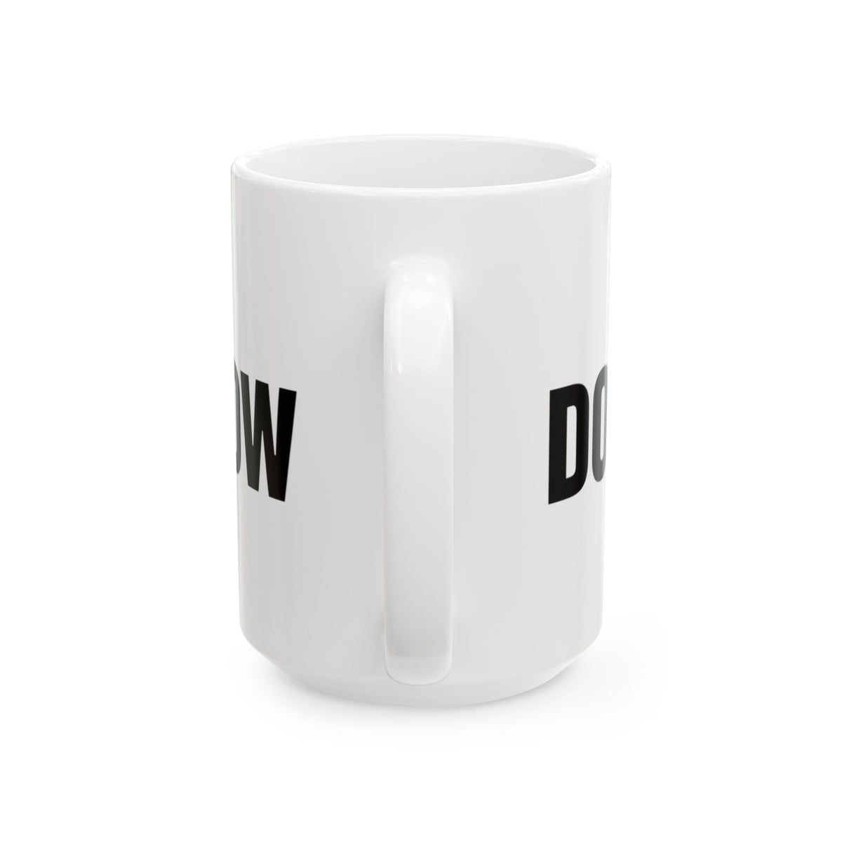 Funny coffee mug printed with "I FIXED IT / DO NOT ASK HOW", 15 oz size, back view showing the handle