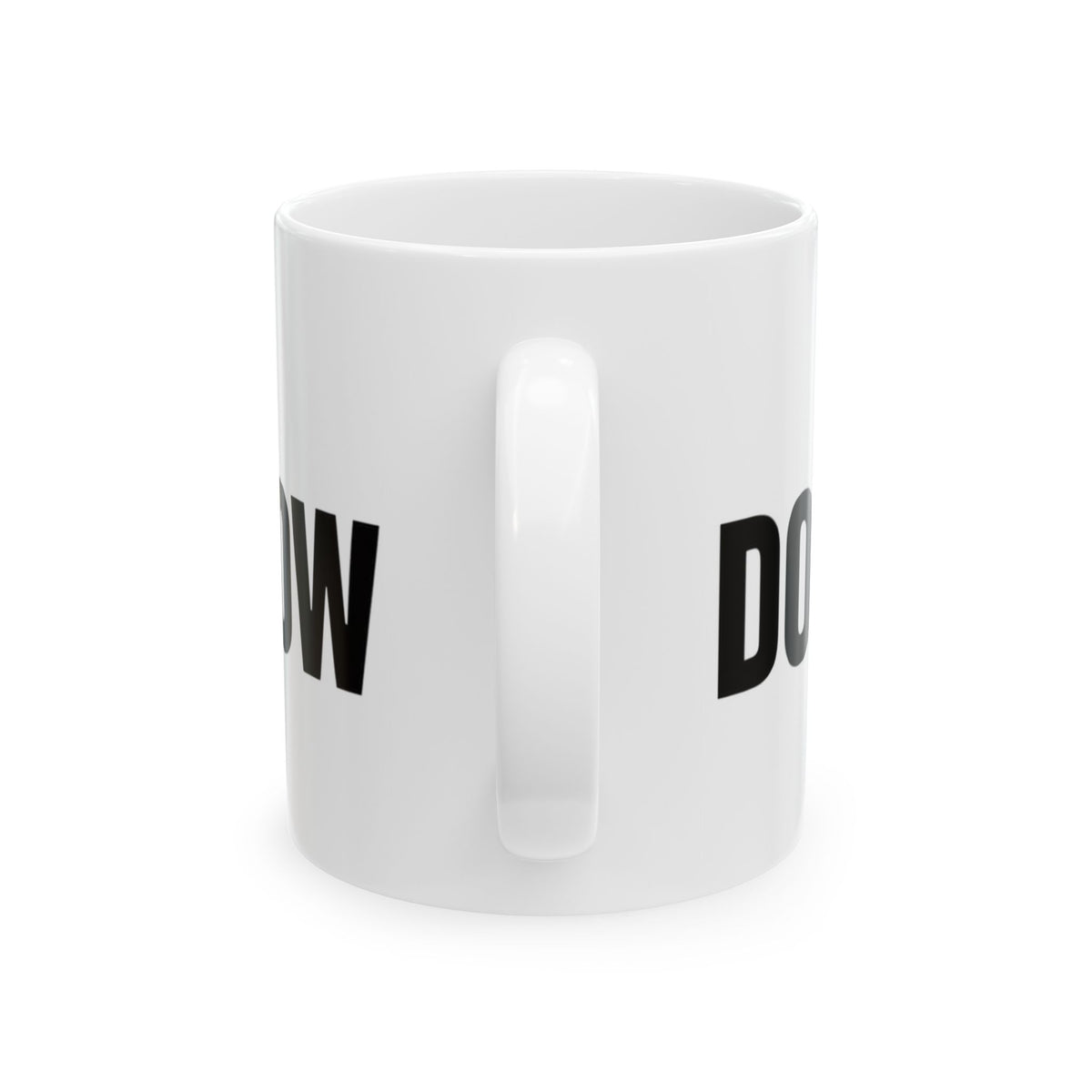 Funny coffee mug printed with "I FIXED IT / DO NOT ASK HOW", back view showing the handle