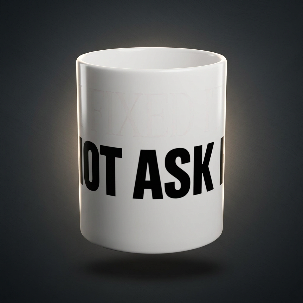 Funny coffee mug printed with "I FIXED IT / DO NOT ASK HOW", shown on a dark studio background