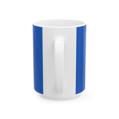 Funny coffee mug printed with "I LOVE THIS CUP / IT DOES NOT TALK", 15 oz size, back view showing the handle