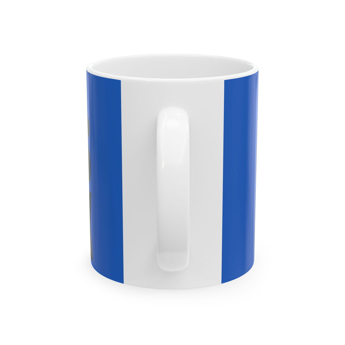 Funny coffee mug printed with "I LOVE THIS CUP / IT DOES NOT TALK", back view showing the handle