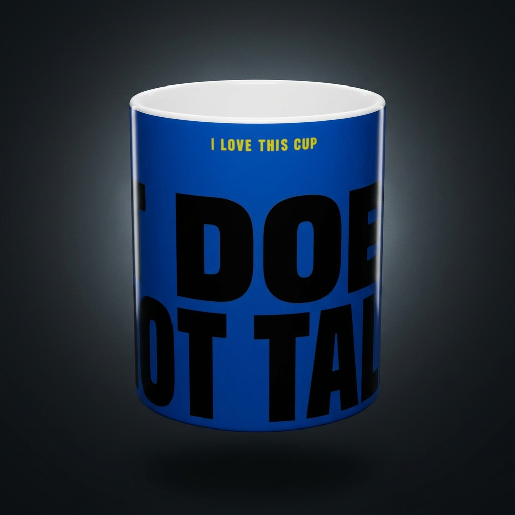 Funny coffee mug printed with "I LOVE THIS CUP / IT DOES NOT TALK", shown on a dark studio background