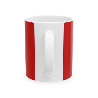 Funny coffee mug printed with "I PAY TO LIVE AND THE SERVICE IS BAD", back view showing the handle