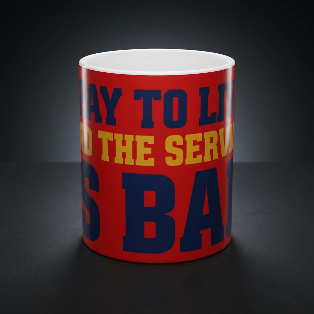 Funny coffee mug printed with "I PAY TO LIVE AND THE SERVICE IS BAD", shown on a dark studio background