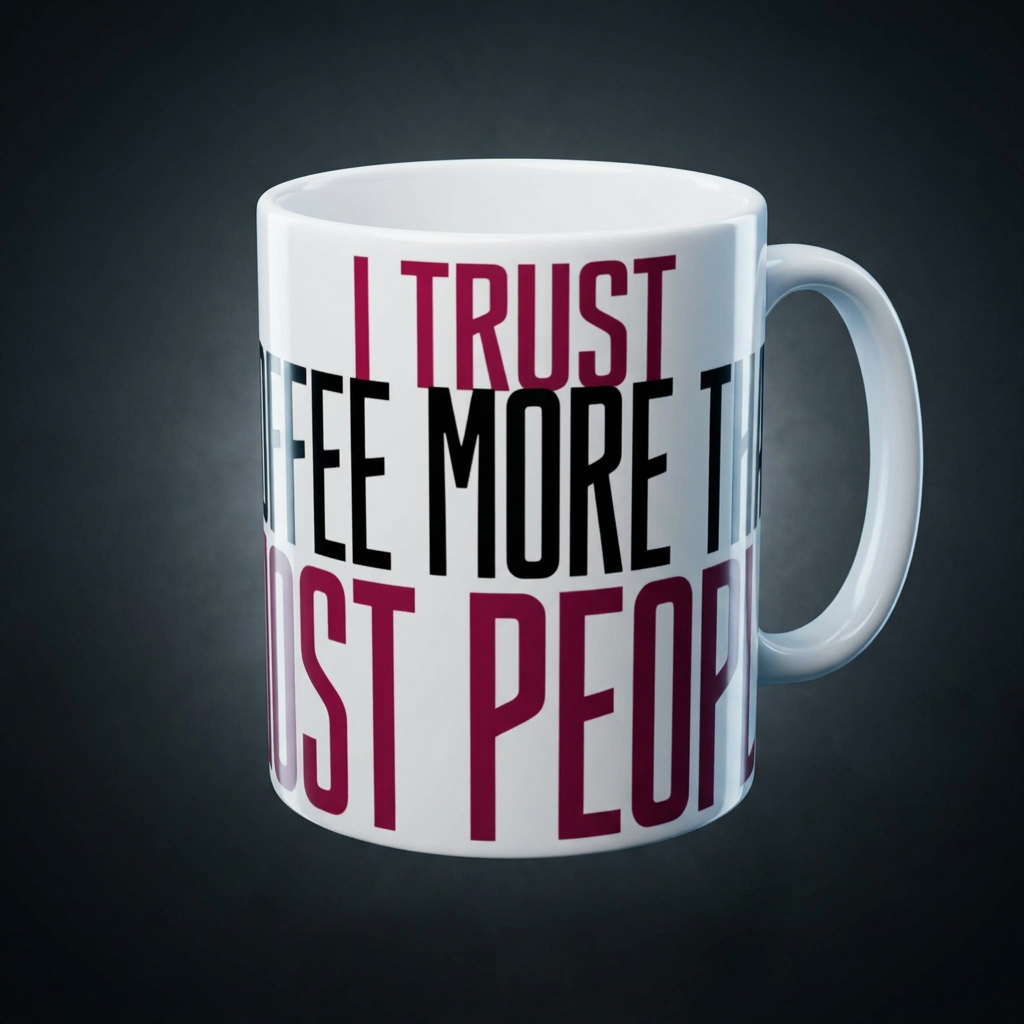 Funny coffee mug printed with "I TRUST COFFEE MORE THAN MOST PEOPLE", shown on a dark studio background