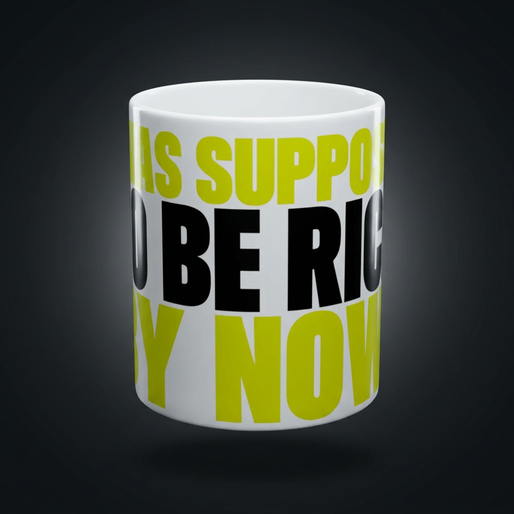 Funny coffee mug printed with "I WAS SUPPOSED TO BE RICH BY NOW", shown on a dark studio background