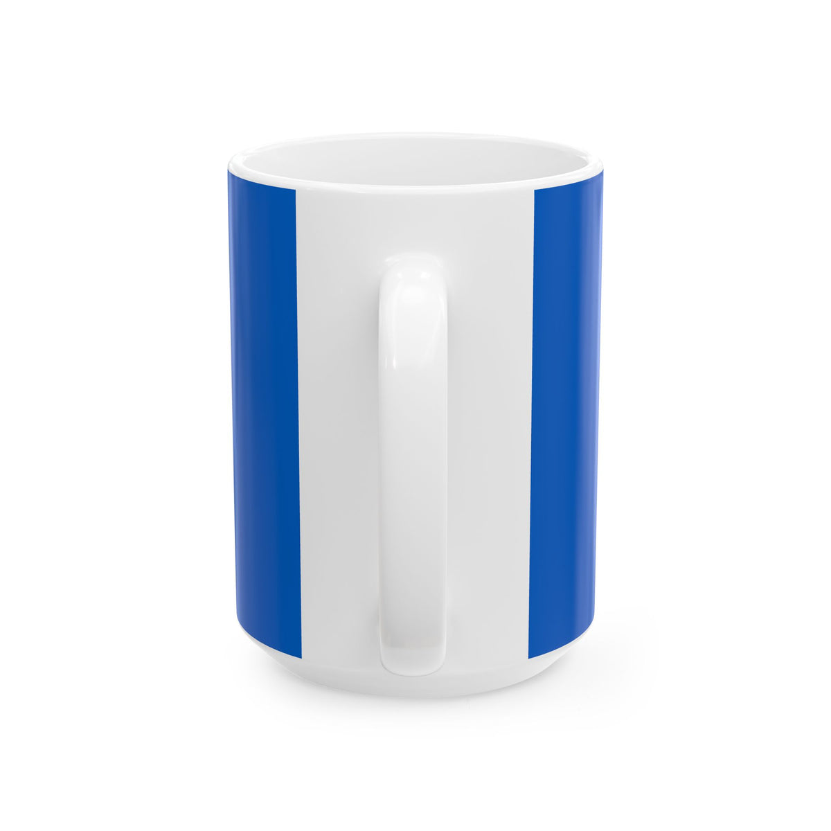 Funny coffee mug printed with "I WOKE UP / AGAINST MY WILL", 15 oz size, back view showing the handle