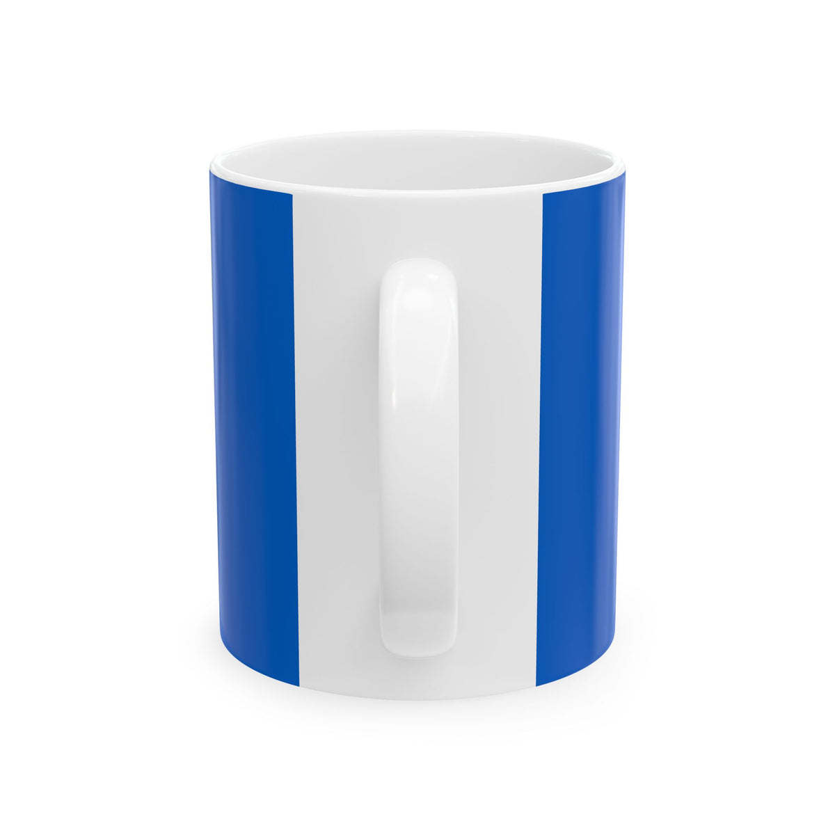 Funny coffee mug printed with "I WOKE UP / AGAINST MY WILL", back view showing the handle