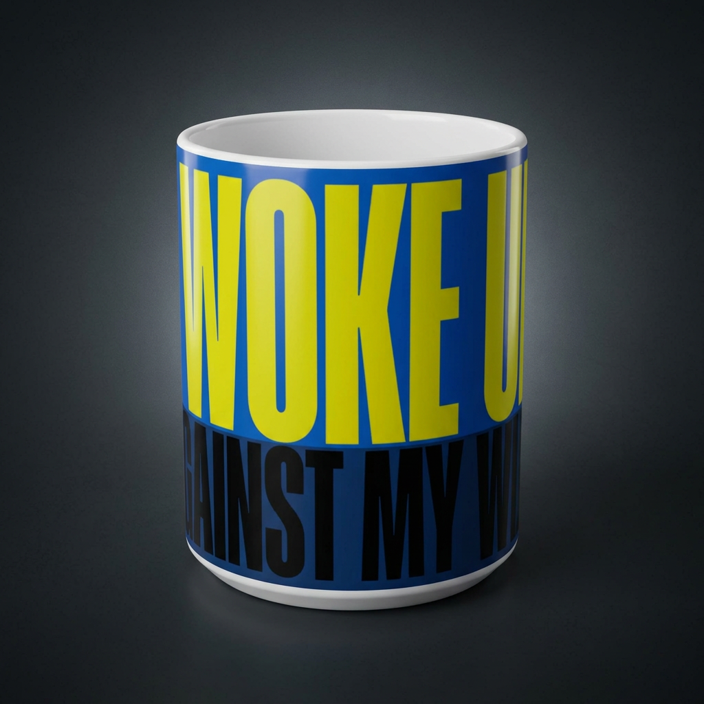 Funny coffee mug printed with "I WOKE UP / AGAINST MY WILL", shown on a dark studio background