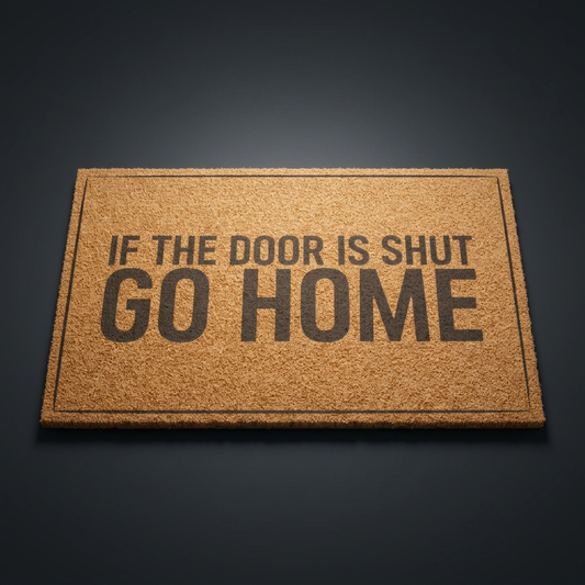 If the Door Is Shut Go Home coir doormat with dark lettering and a thin double border, shown at an angle on a dark studio backdrop