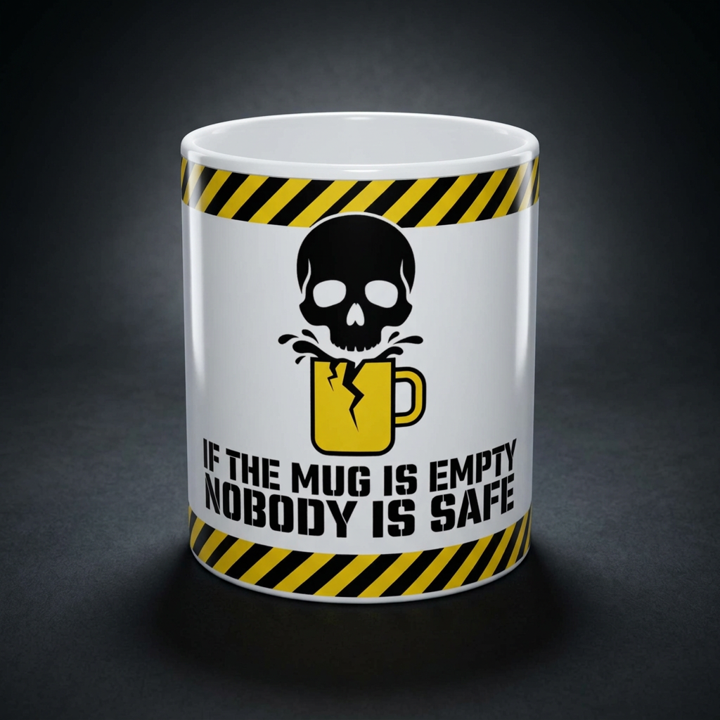 Funny coffee mug printed with "IF THE MUG IS EMPTY NOBODY IS SAFE", shown on a dark studio background